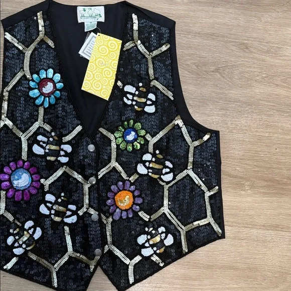 Vintage Quacker Factory Sequin Bees Floral Vest - Picture 4 of 5